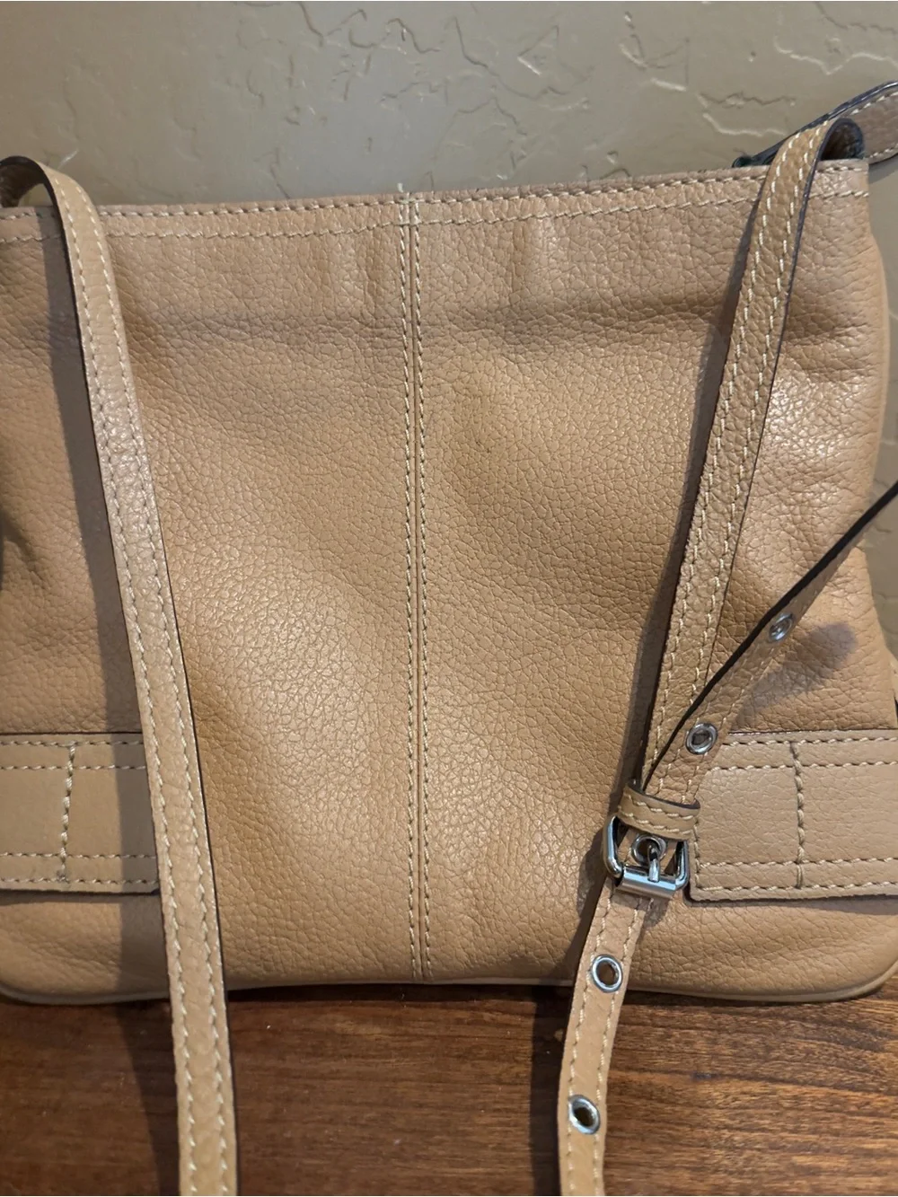 Franco Sarto Tan Pebble Leather Crossbody with Buckle Accents
